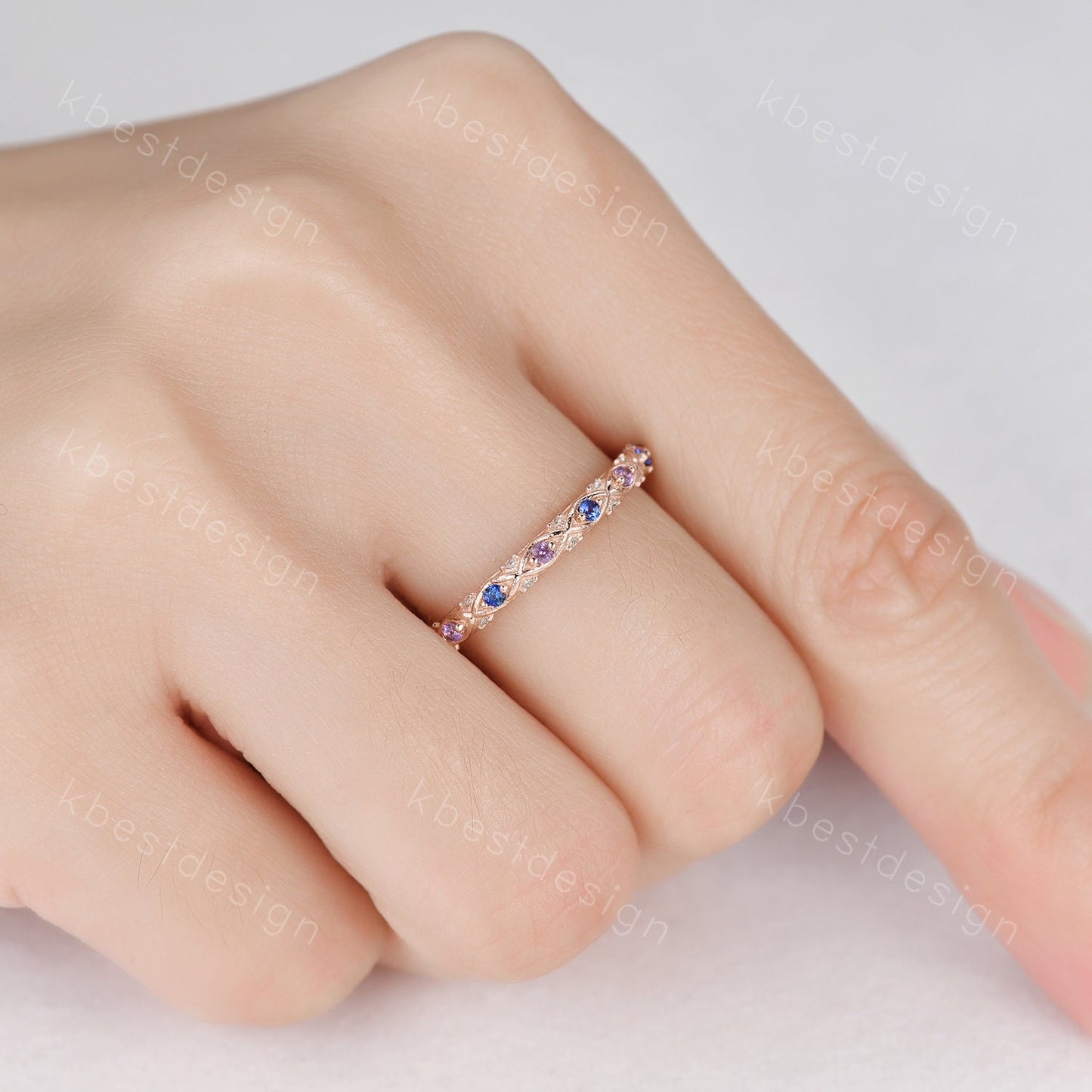 Antique Sapphire Wedding Band Women Solid 14K Yellow Gold Band Amethyst Wedding Band Vintage Stacking Matching Band Anniversary Ring