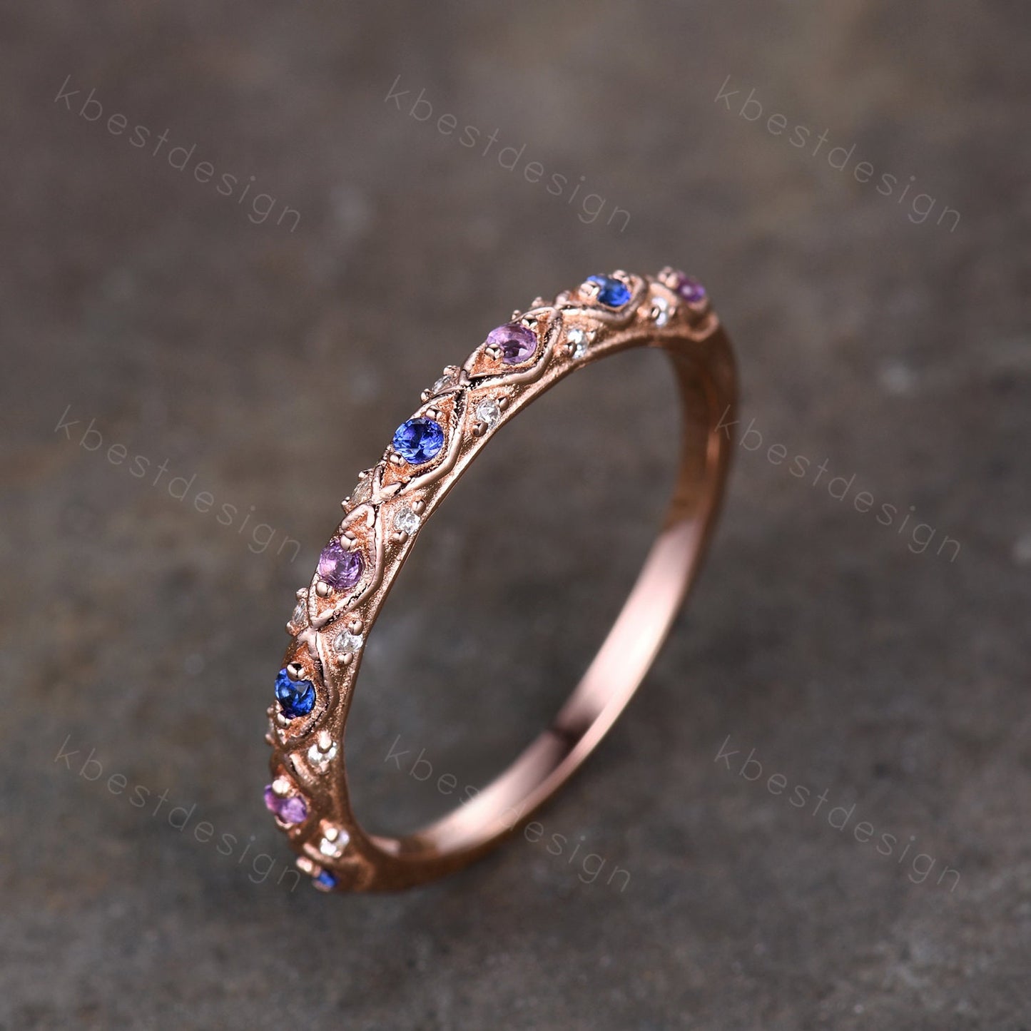 Antique Sapphire Wedding Band Women Solid 14K Yellow Gold Band Amethyst Wedding Band Vintage Stacking Matching Band Anniversary Ring