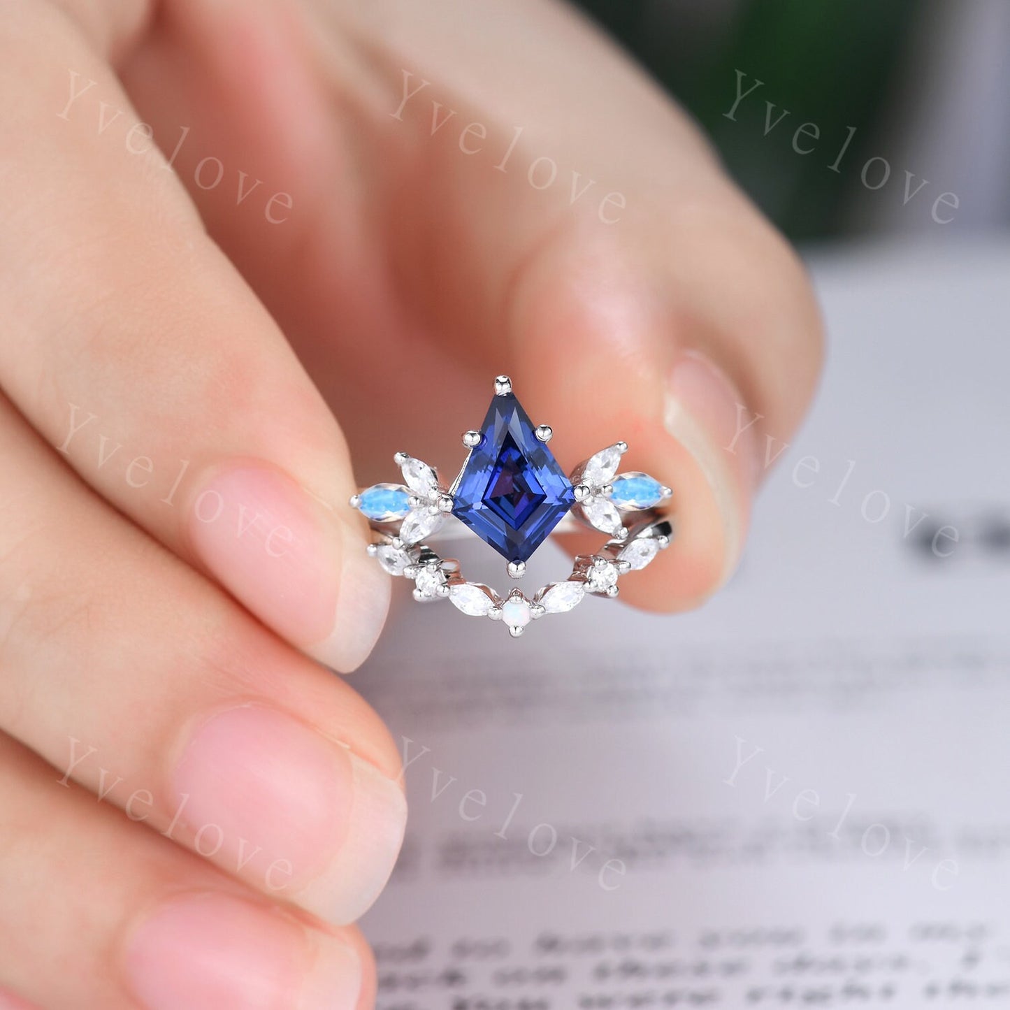 Vintage Sapphire engagement ring,kite sapphire ring,art deco marquise moonstone ring,opal moissanite wedding ring set for women,silver ring