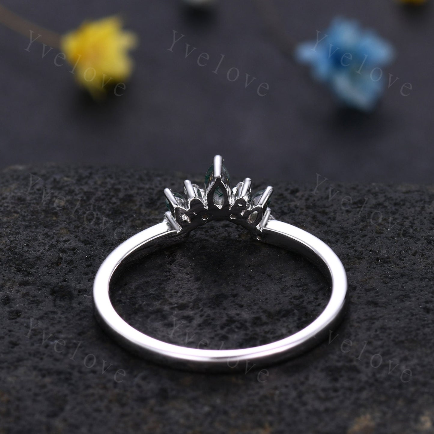 Minimalist Moss Agate Wedding Band Art Deco Moissanite Wedding Ring Green Agate Engagement Ring Stacking Ring Women Sterling Silver Ring