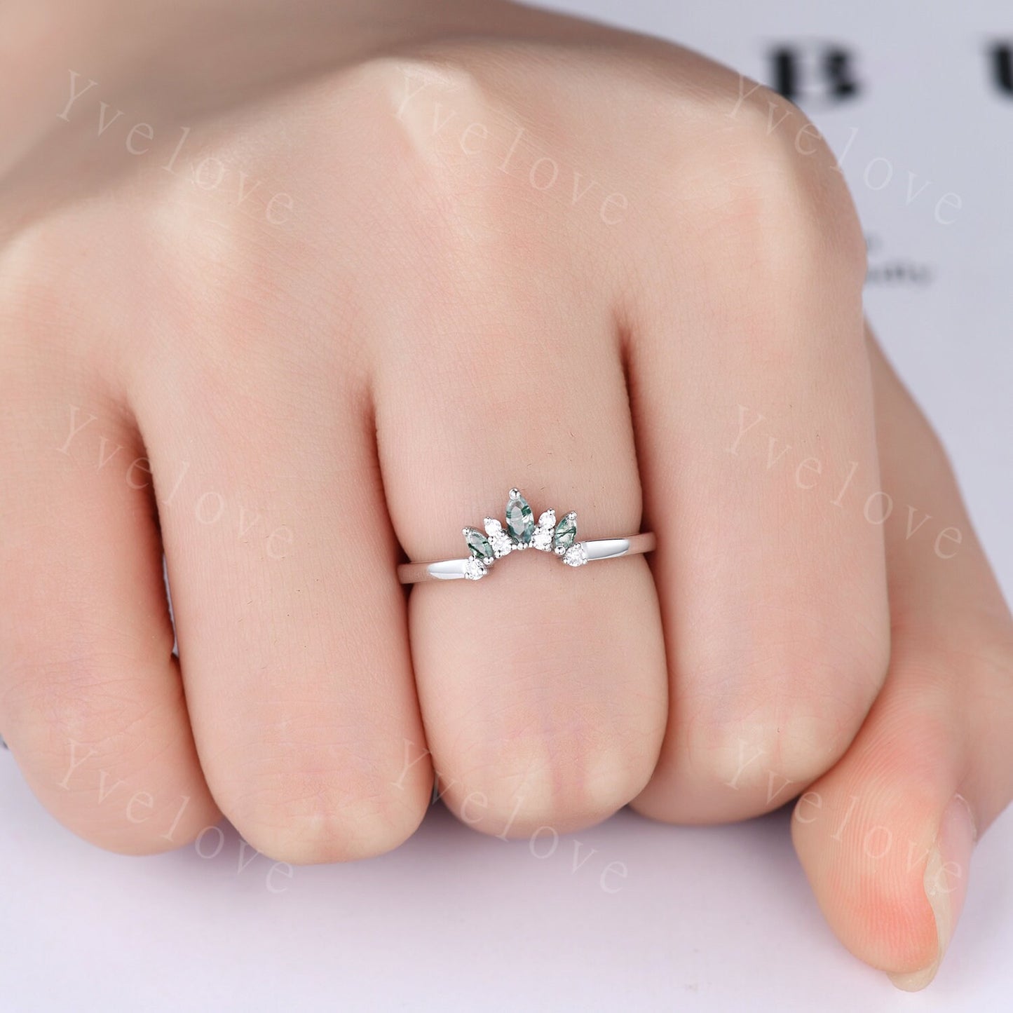Minimalist Moss Agate Wedding Band Art Deco Moissanite Wedding Ring Green Agate Engagement Ring Stacking Ring Women Sterling Silver Ring