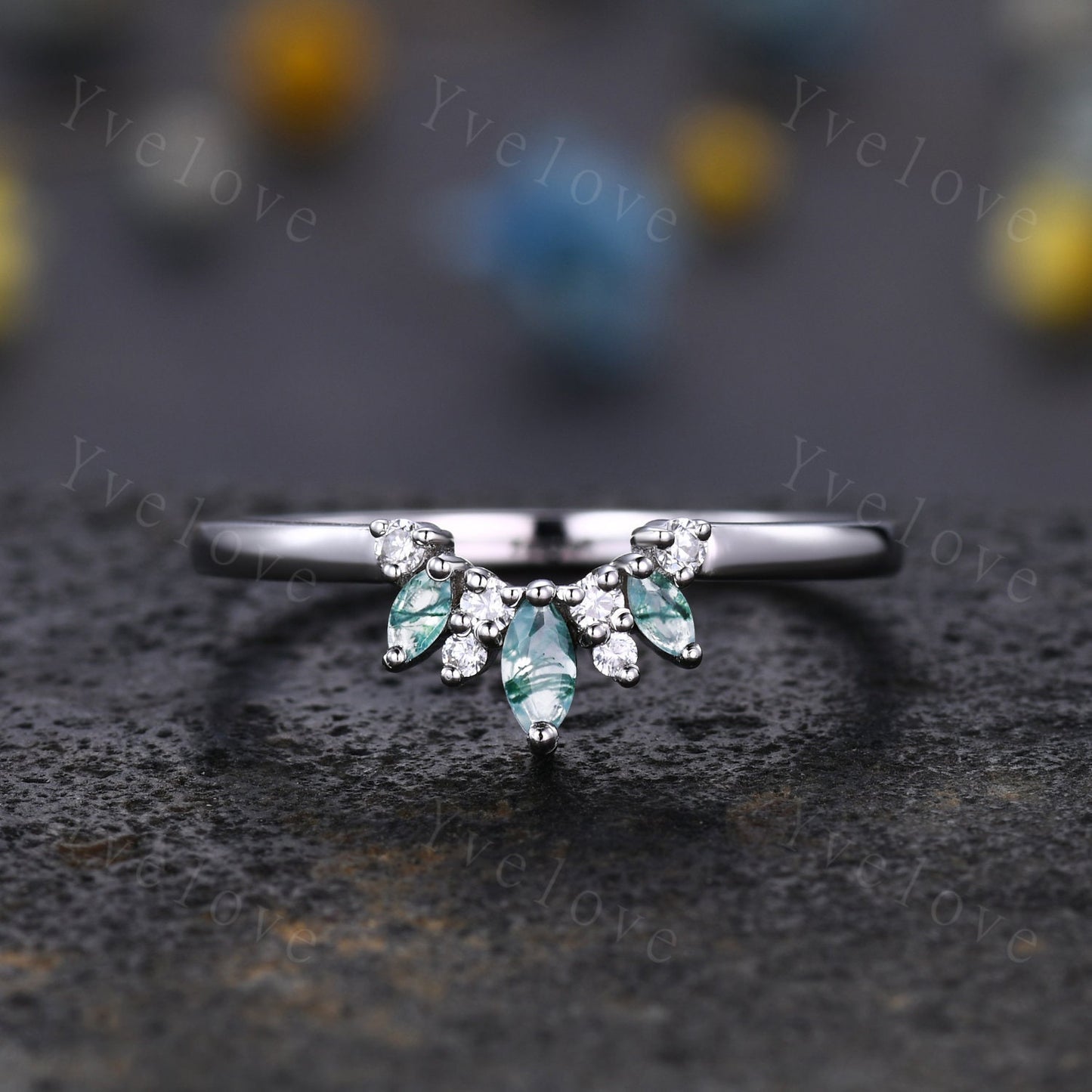 Minimalist Moss Agate Wedding Band Art Deco Moissanite Wedding Ring Green Agate Engagement Ring Stacking Ring Women Sterling Silver Ring