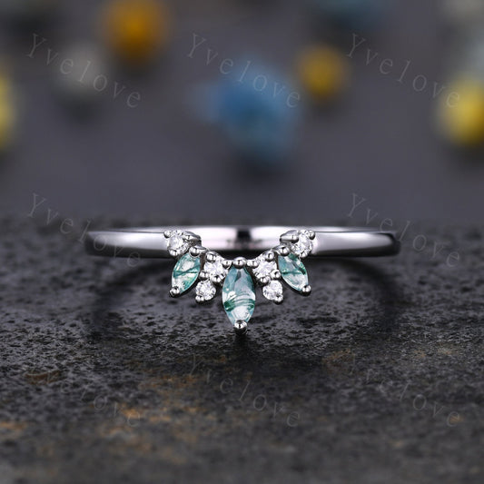 Minimalist Moss Agate Wedding Band Art Deco Moissanite Wedding Ring Green Agate Engagement Ring Stacking Ring Women Sterling Silver Ring