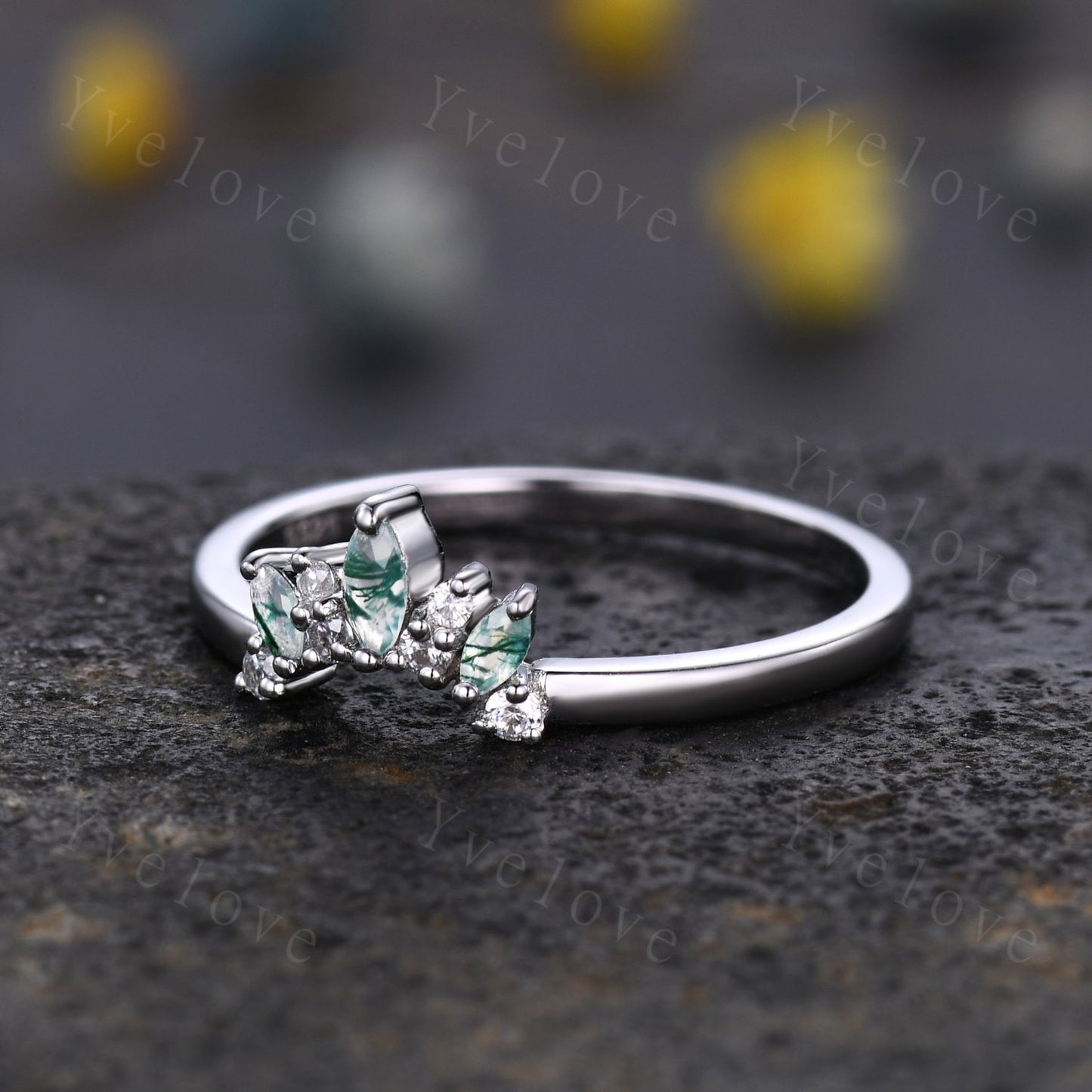 Minimalist Moss Agate Wedding Band Art Deco Moissanite Wedding Ring Green Agate Engagement Ring Stacking Ring Women Sterling Silver Ring