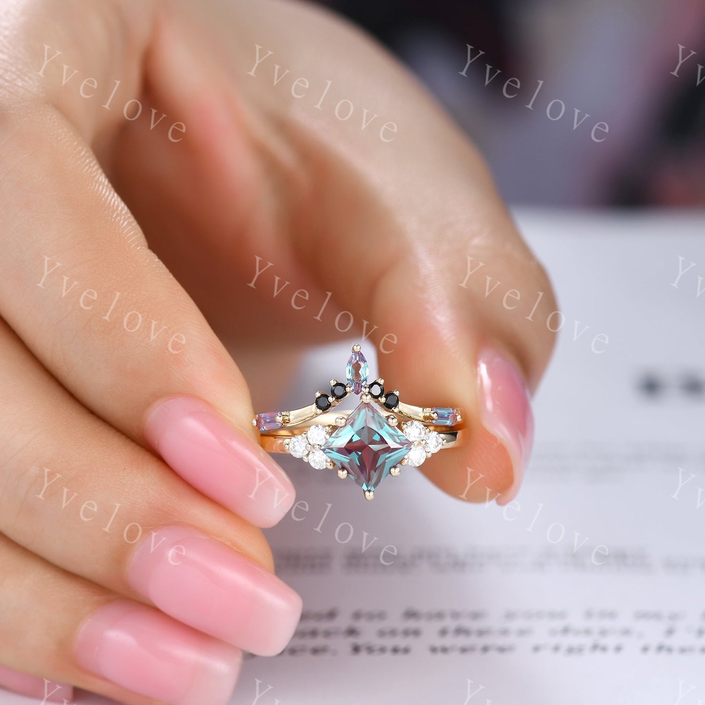 2PCS Vintage Unique Princess Cut Alexandrite Engagement Ring Set,Black Spinel Ring,June birthtone,14k solid gold,Women Unique Ring Set Gift