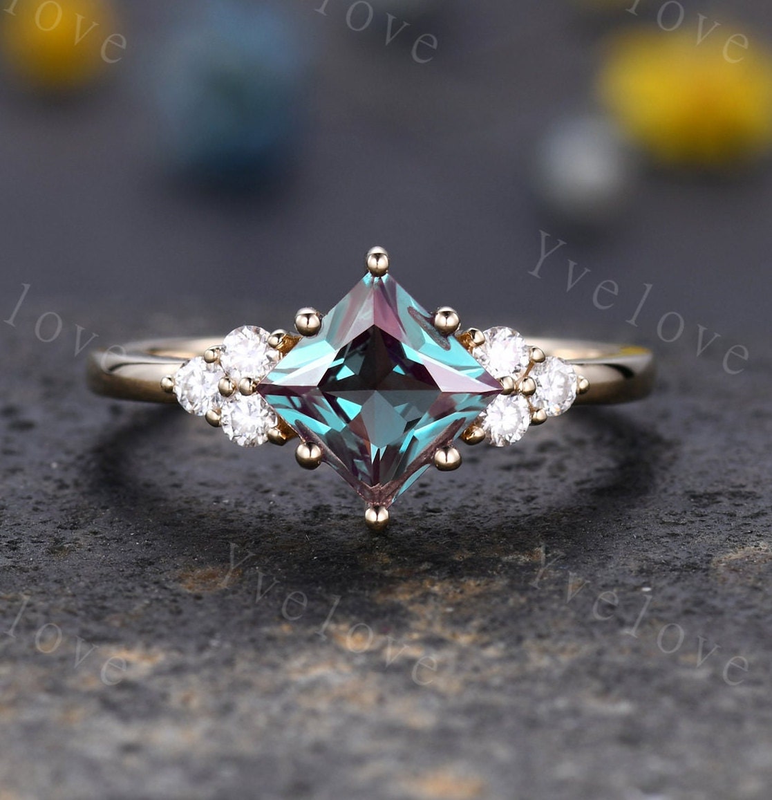 2PCS Vintage Unique Princess Cut Alexandrite Engagement Ring Set,Black Spinel Ring,June birthtone,14k solid gold,Women Unique Ring Set Gift