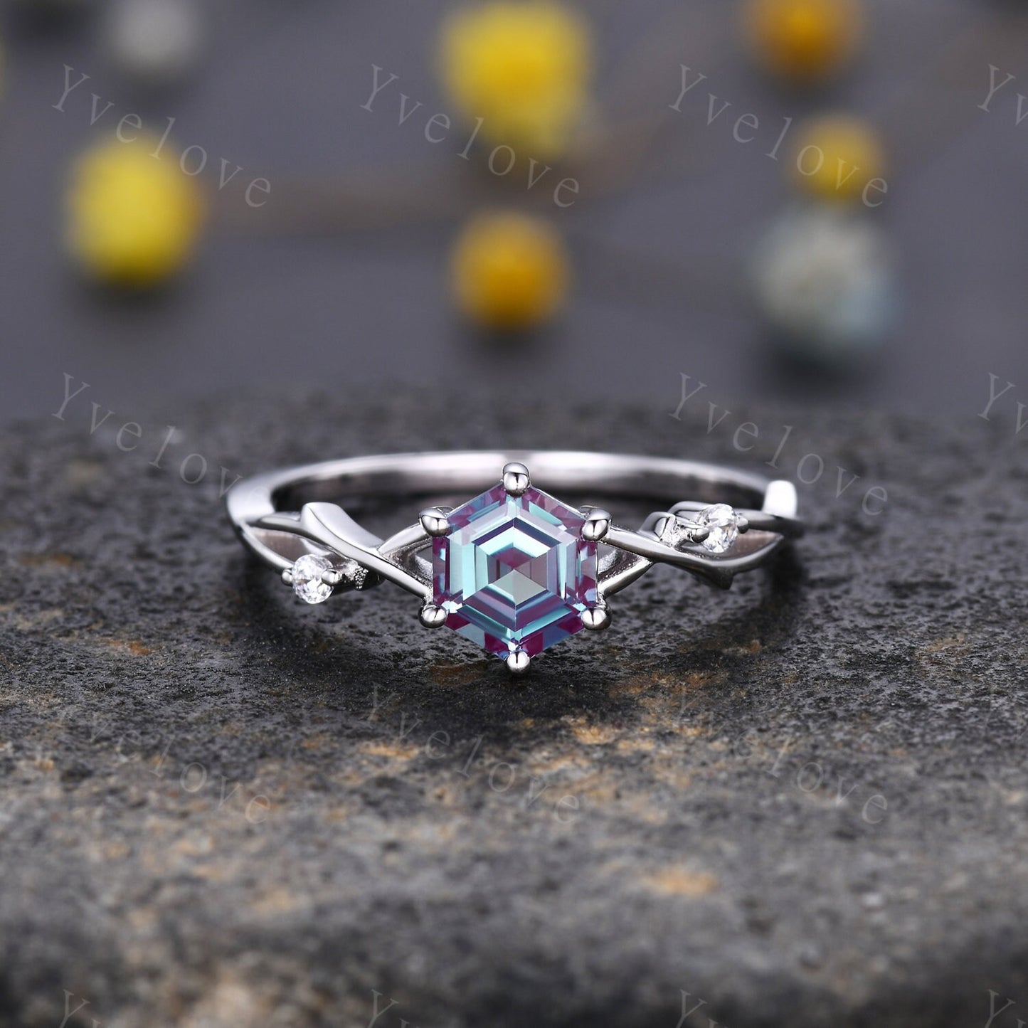 Unique Hexagon shape Alexandrite Engagement Ring Set,Vintage Branch Twig Diamond Ring,White Gold Ring,Vine Ring,Women Promise Bridal Custom