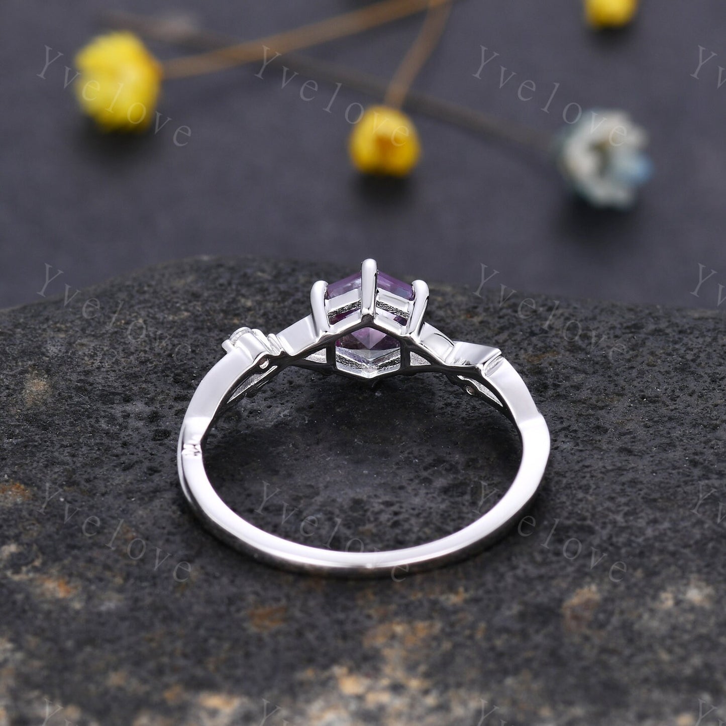 Unique Hexagon shape Alexandrite Engagement Ring,Vintage Branch Twig Diamond Ring,White Gold Ring,Vine Ring,Women Promise Bridal Ring,Custom