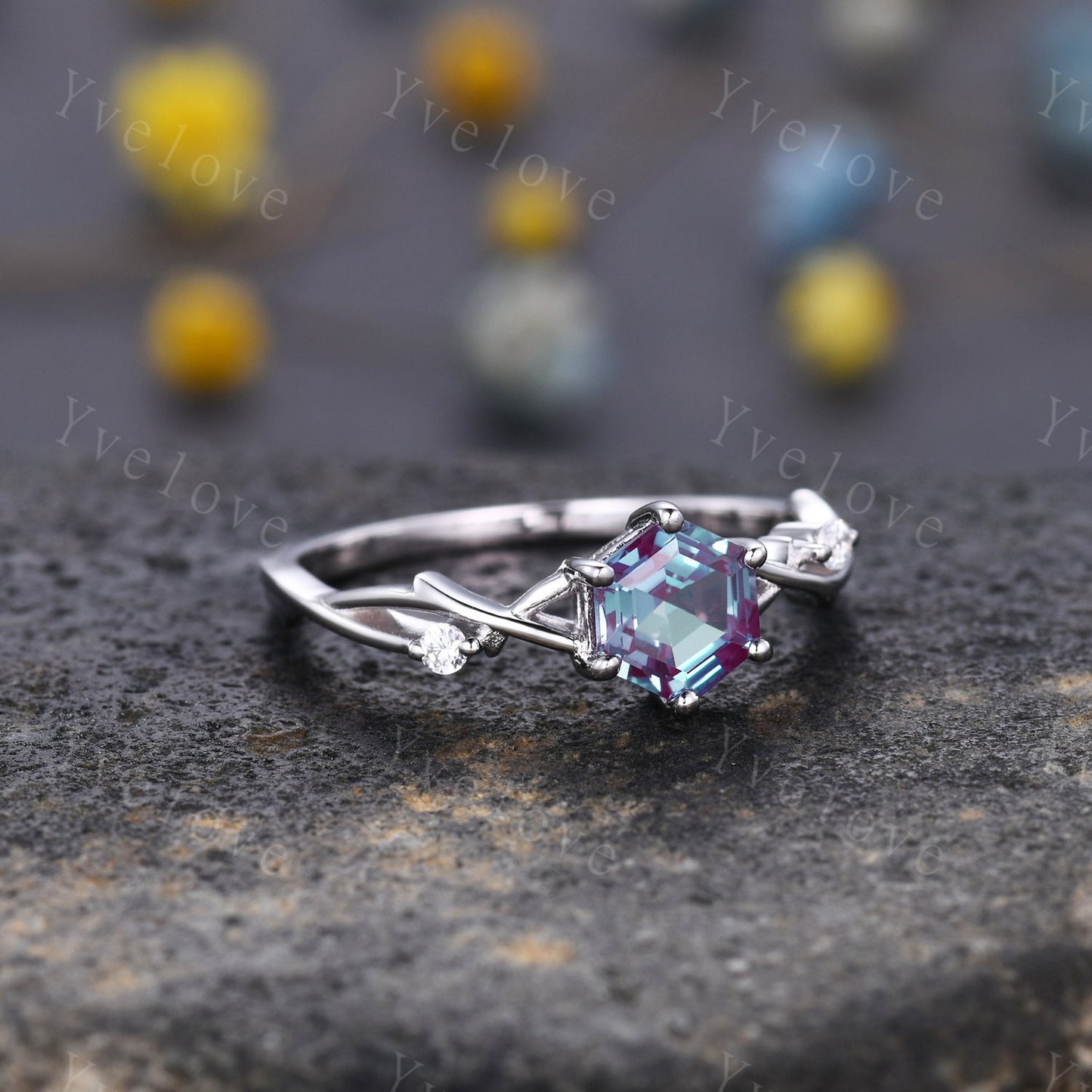 Unique Hexagon shape Alexandrite Engagement Ring,Vintage Branch Twig Diamond Ring,White Gold Ring,Vine Ring,Women Promise Bridal Ring,Custom