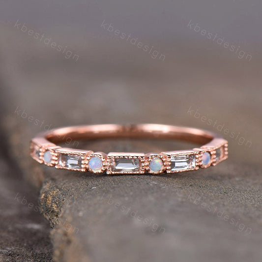 Aquamarine Ring, Women Rose Gold Wedding Band, Half Eternity Aquamarine Opal Band, Art Deco Stacking Matching Band, Anniversary Ring