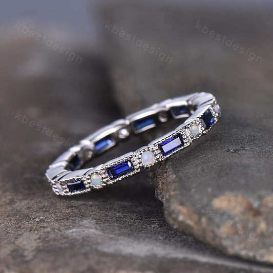 Eternity Band, Blue Sapphire Wedding Band, Sterling Silver Ring, Sapphire Opal Ring, September Birthstone Ring, Vintage Stacking Band