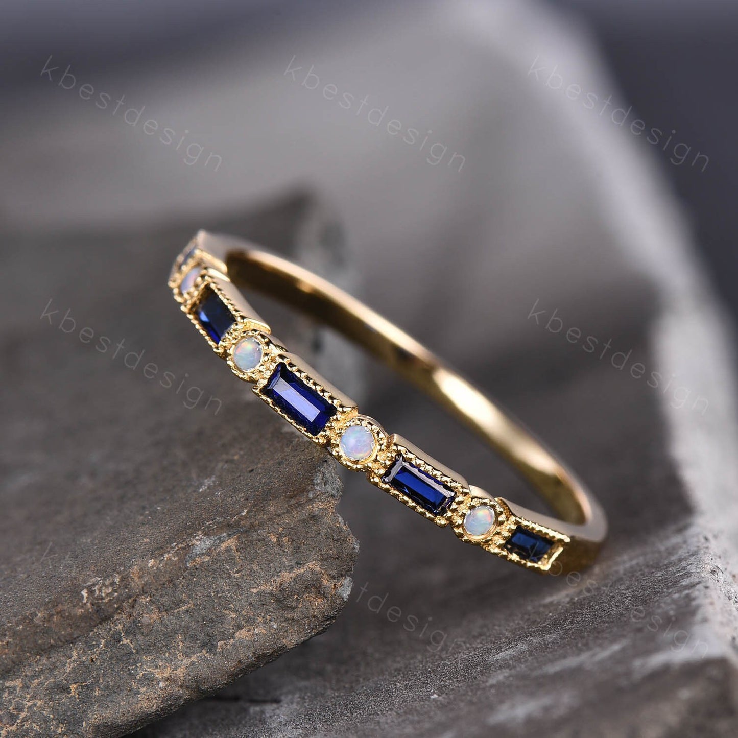 Vintage Sapphire Opal Wedding Band Baguette cut solid gold wedding ring Unique Stacking ring matching ring Bridal ring Anniversary band ring