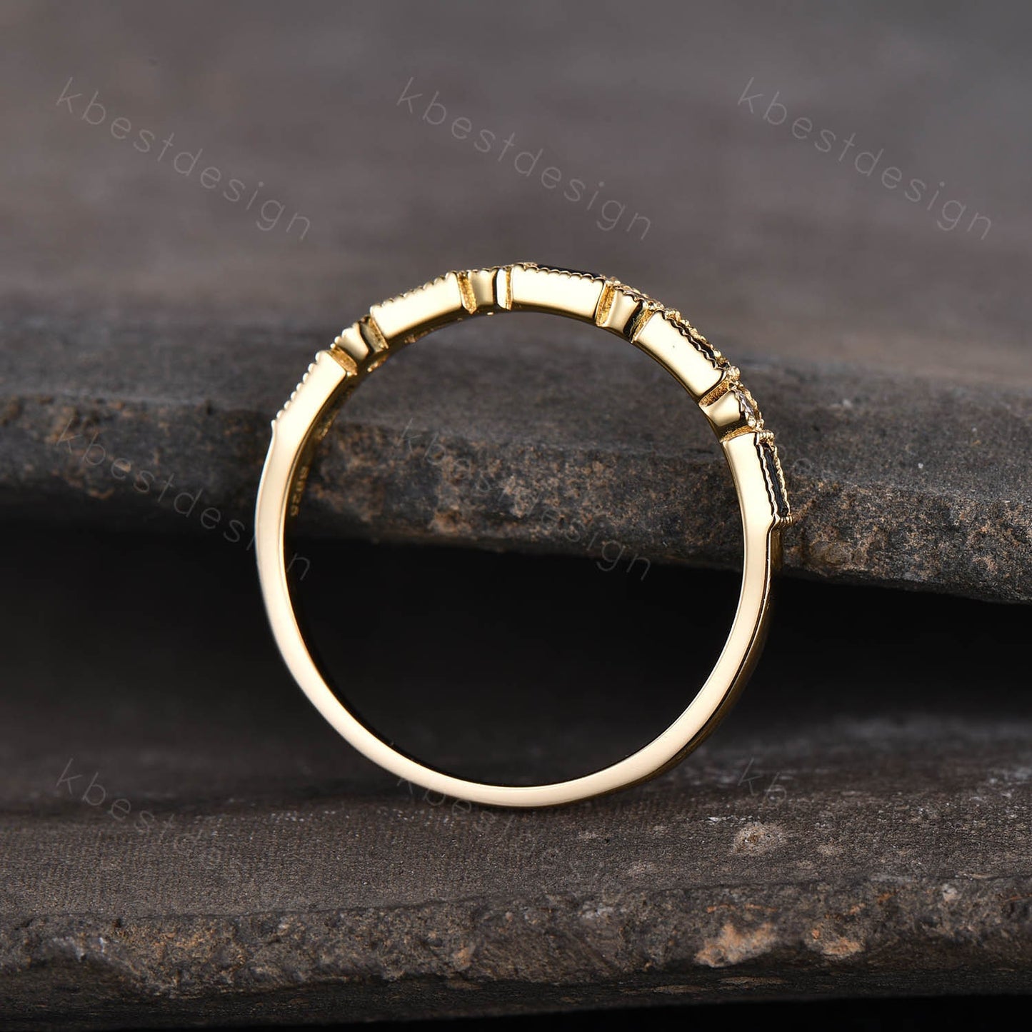 Vintage Sapphire Opal Wedding Band Baguette cut solid gold wedding ring Unique Stacking ring matching ring Bridal ring Anniversary band ring