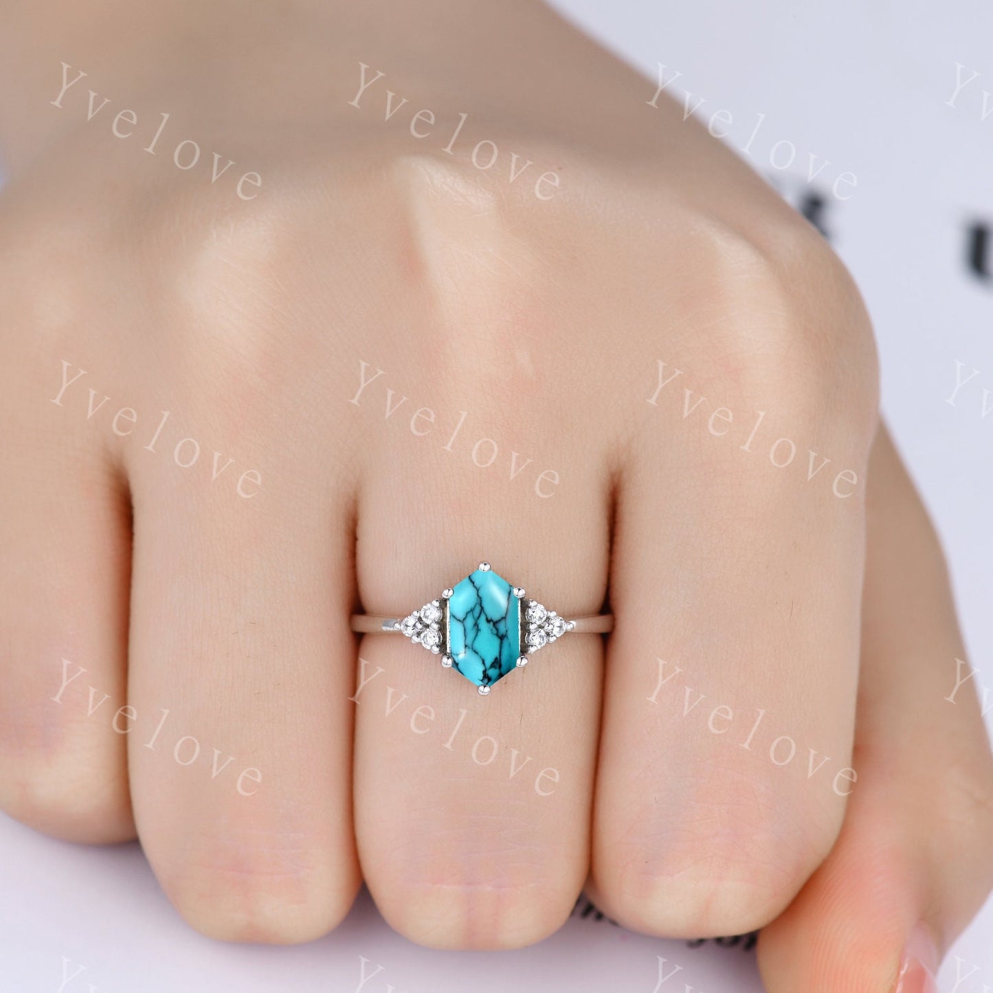 Retro Hexagon Turquoise Ring,Vintage Sterling Silver Ring Set,Unique Turquoise Engagement Ring,Promise Ring,Anniversary Ring Gift For Her