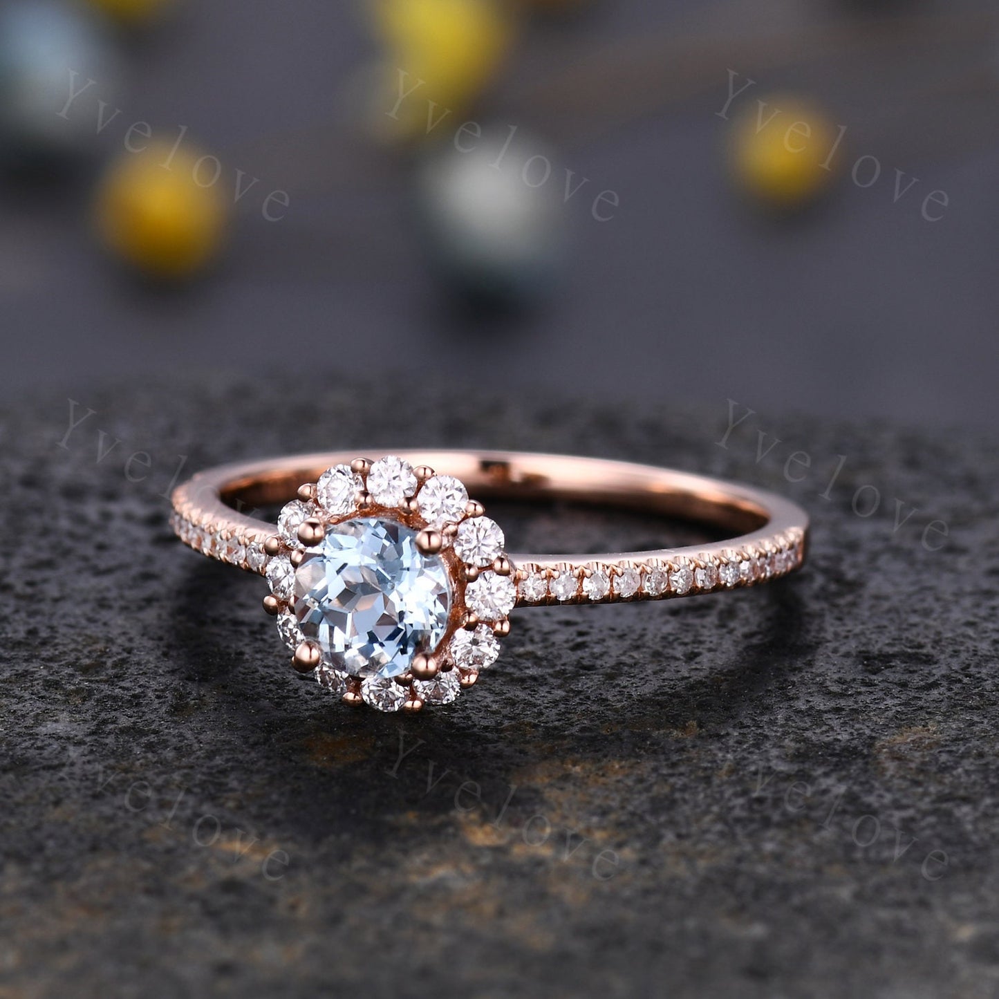 Aquamarine engagement ring 5mm round aquamarine ring floral moissanite halo half eternity diamond band anniversary ring solid 14k rose gold
