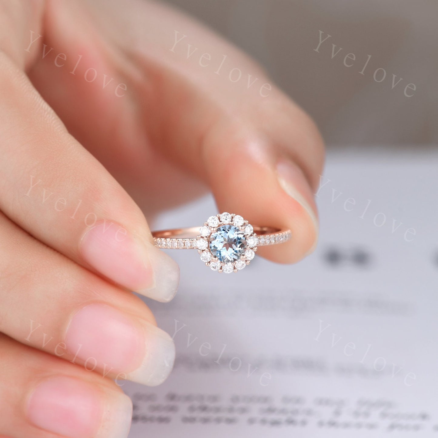 Aquamarine engagement ring 5mm round aquamarine ring floral moissanite halo half eternity diamond band anniversary ring solid 14k rose gold