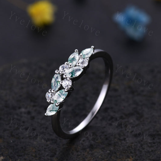 Vintage Moss Agate Wedding Band,14k White Gold Ring,Cluster Marquise Green Agate Diamond/Moissanite Ring,Stacking Matching Band,Women Gift