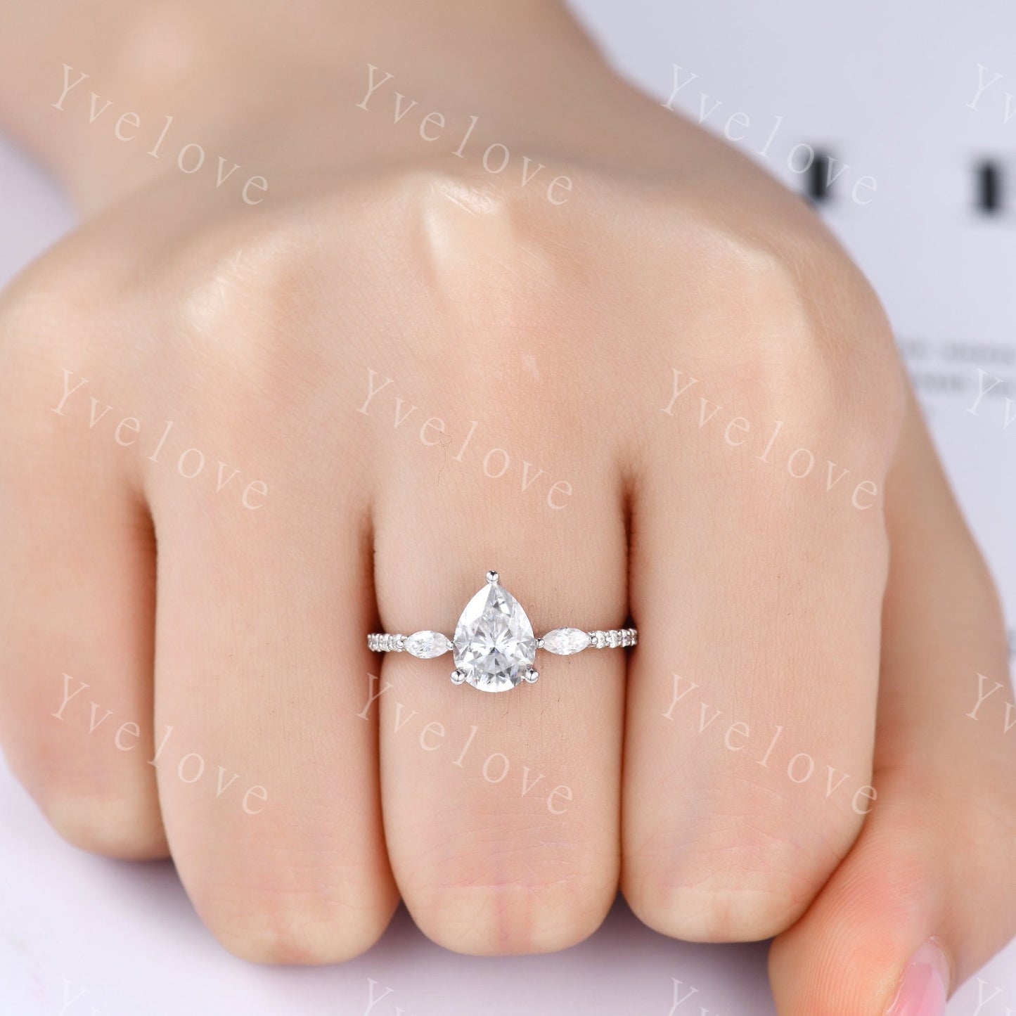 8x6mm Pear Moissanite Engagement Ring,1.5ct Tear Drop Wedding Ring,Marquise Moissanite Wedding Band,Rose Gold Art Deco Bridal Ring For Women