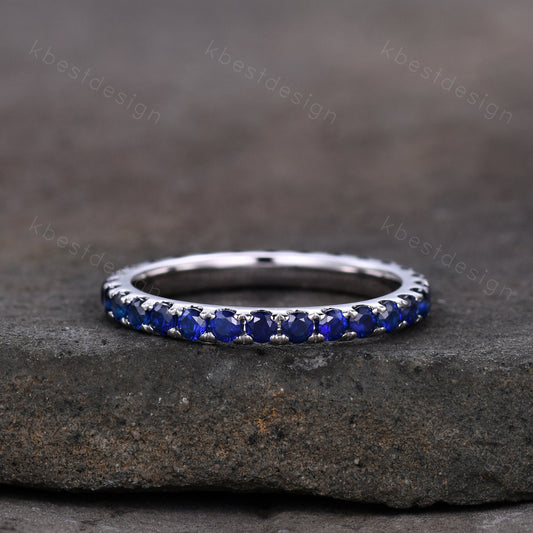 2mm Sapphire Eternity Band 925 Sterling Silver Blue Sapphire Wedding Band September Birthstone Ring Pave Stacking Matching Band Gift for Her
