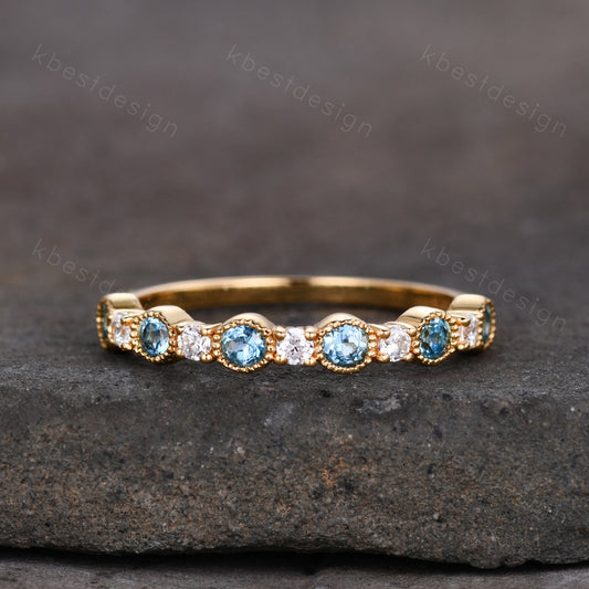 Half Eternity Blue Topaz Wedding Band Women Yellow Gold Band Art Deco Blue Topaz and Moissanite Wedding Band Unique Anniversary Ring