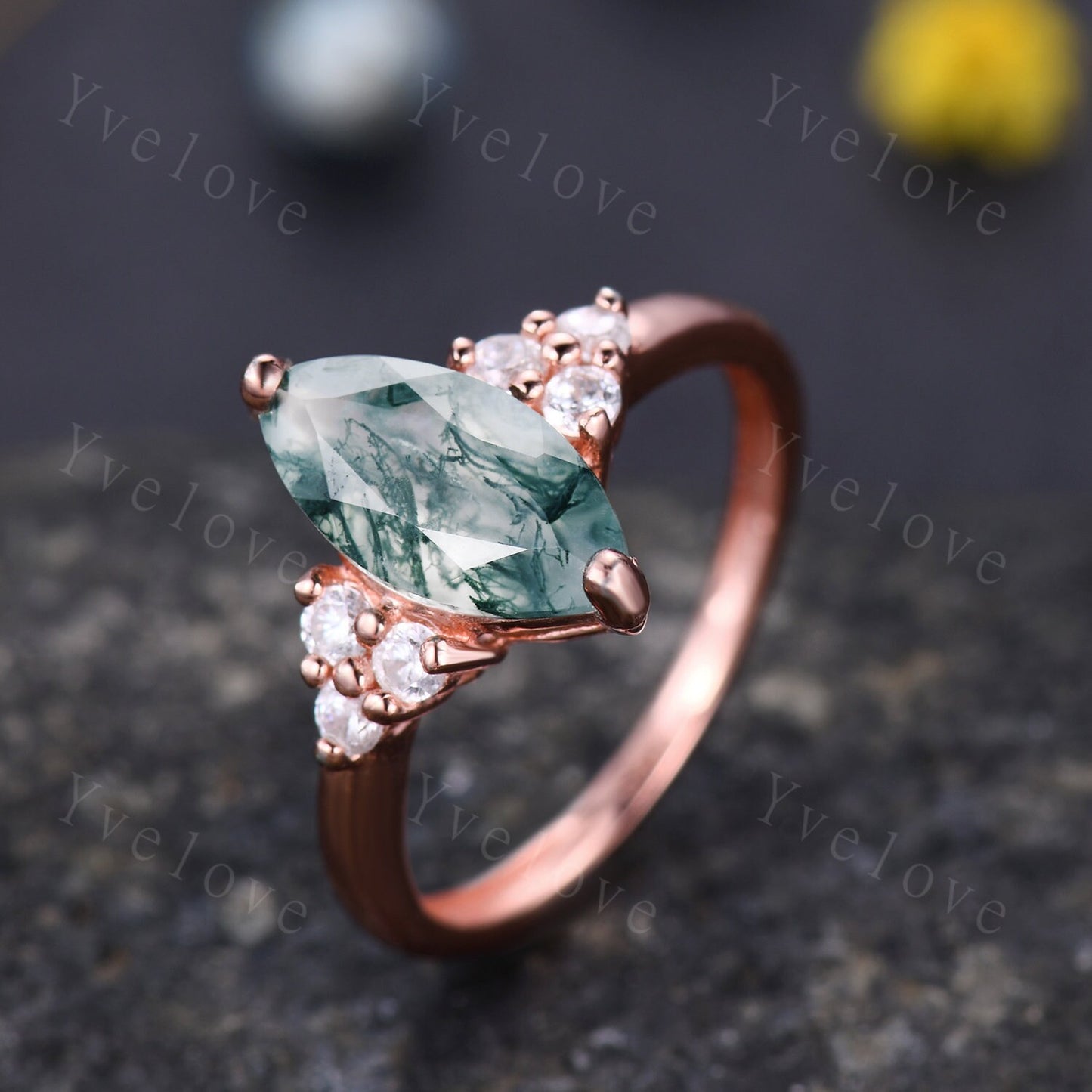 Unique marquise cut moss agate engagement ring set vintage women rose gold moissanite diamond stacking wedding ring Bridal set art deco ring
