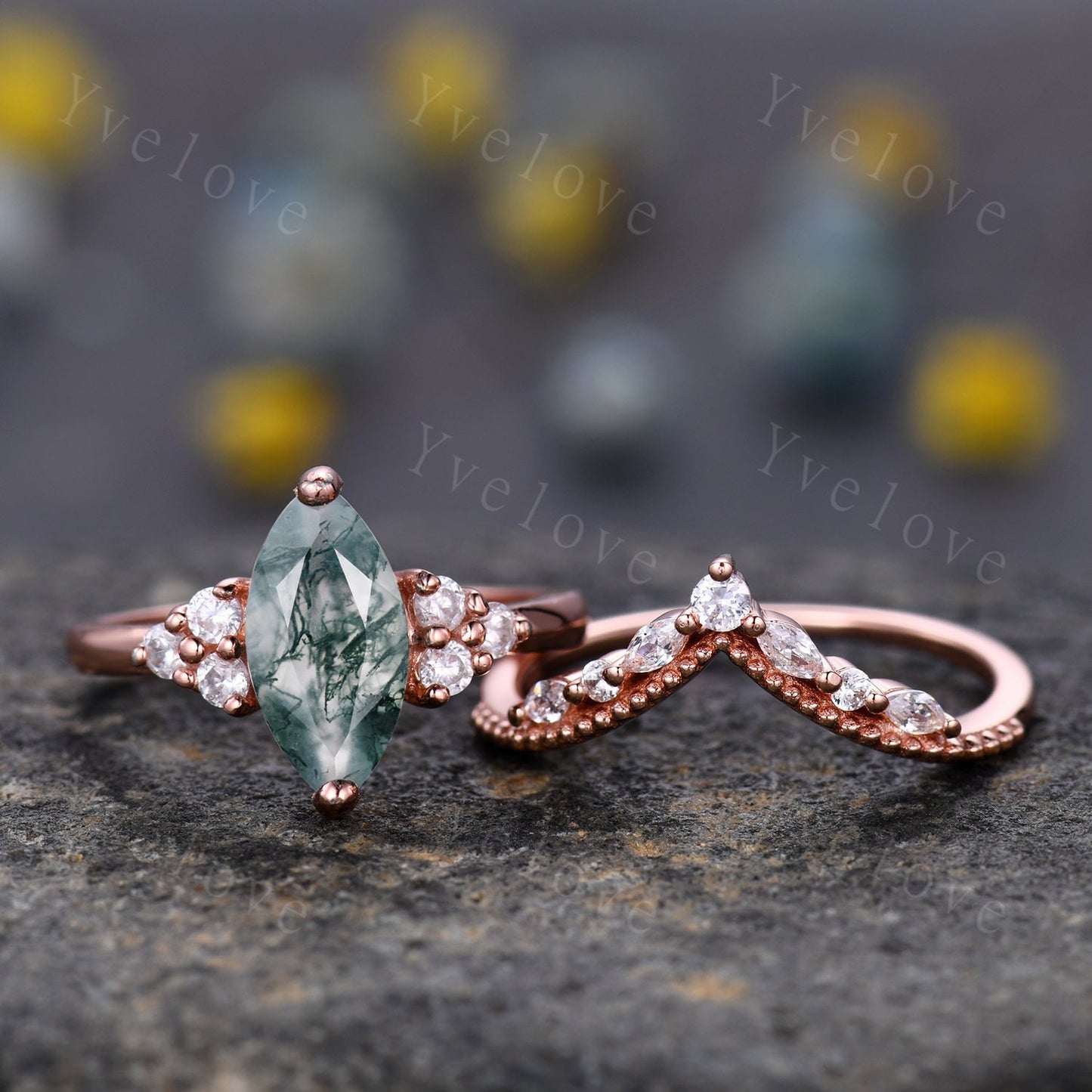 Unique marquise cut moss agate engagement ring set vintage women rose gold moissanite diamond stacking wedding ring Bridal set art deco ring