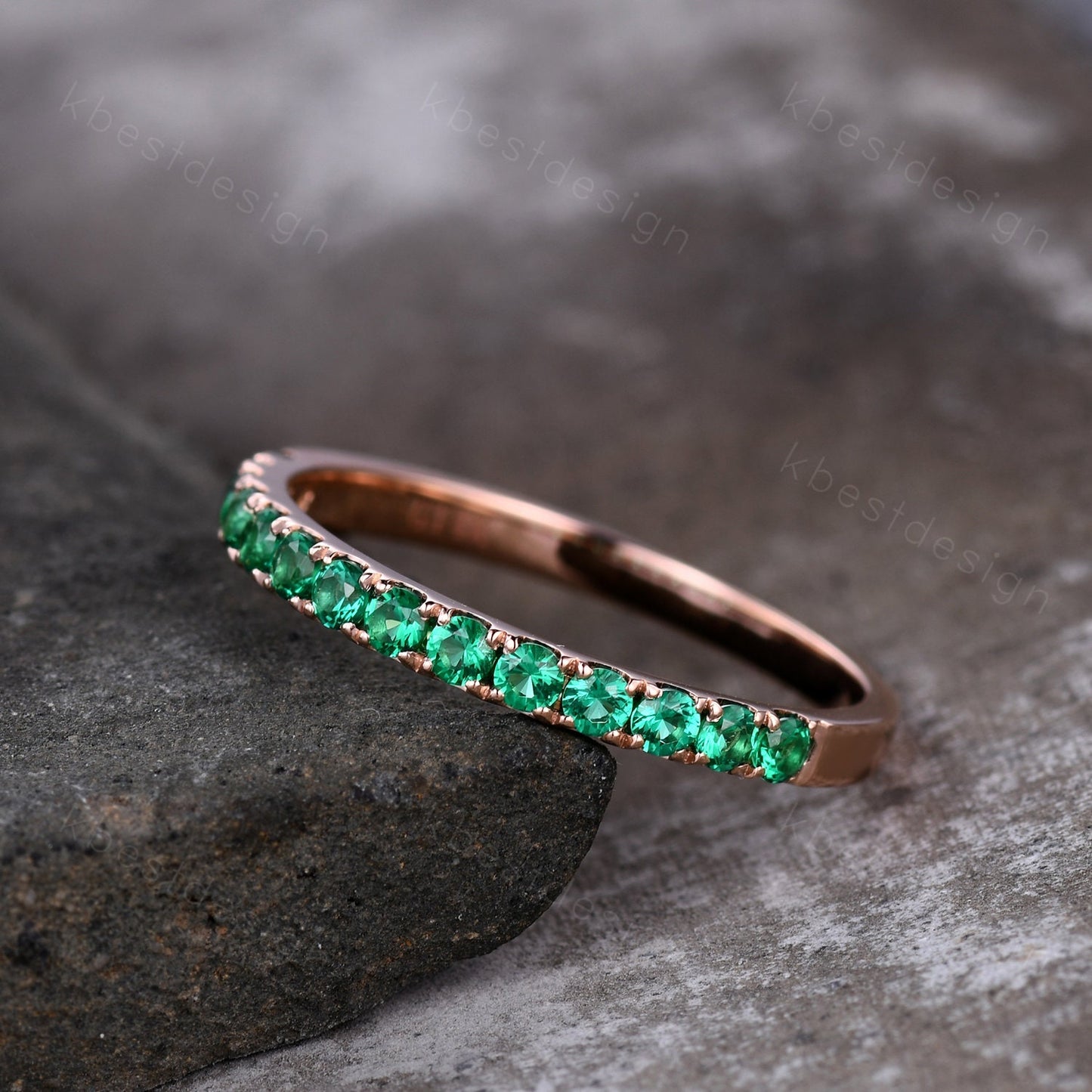 Half Eternity Emerald Wedding Band Rose Gold Band for Women 2mm Emerald Stacking Band May Birthstone Ring Anniversary Ring Promise Gift