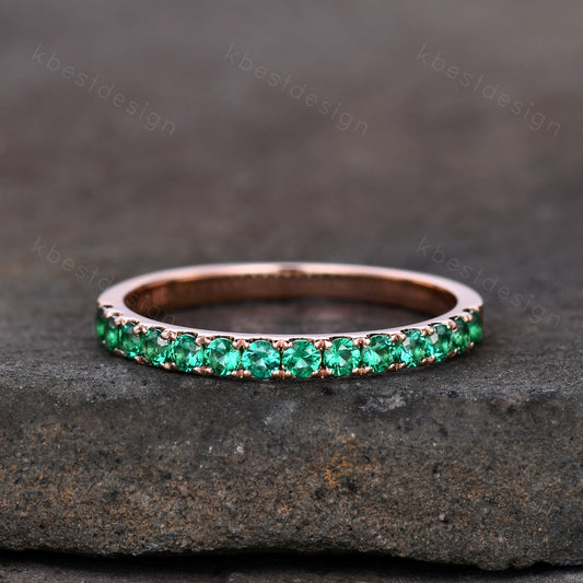 Half Eternity Emerald Wedding Band Rose Gold Band for Women 2mm Emerald Stacking Band May Birthstone Ring Anniversary Ring Promise Gift