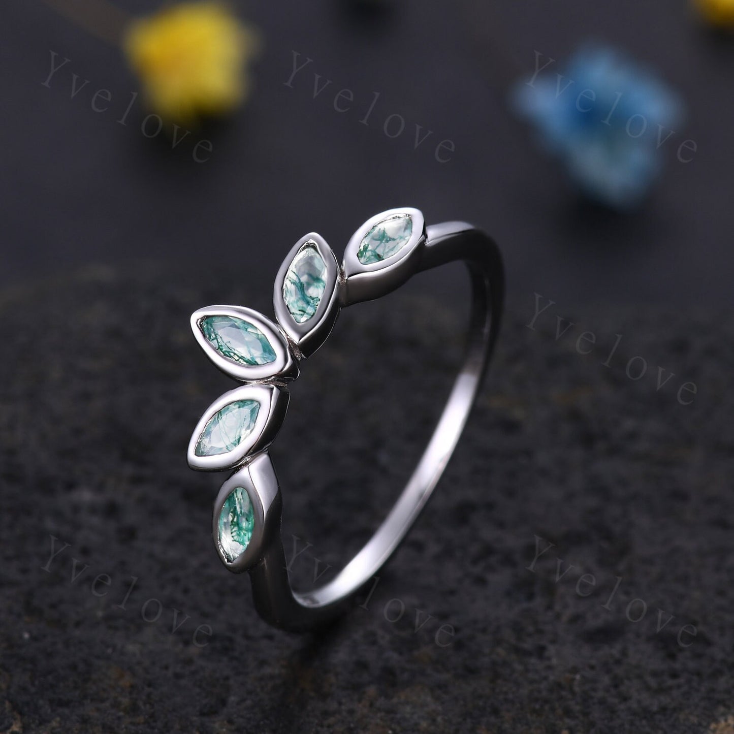Minimalist Moss Agate Curved Wedding Band Art Deco Green Agate Engagement Ring Marquise Green Gems Stacking Ring Women Sterling Silver Ring