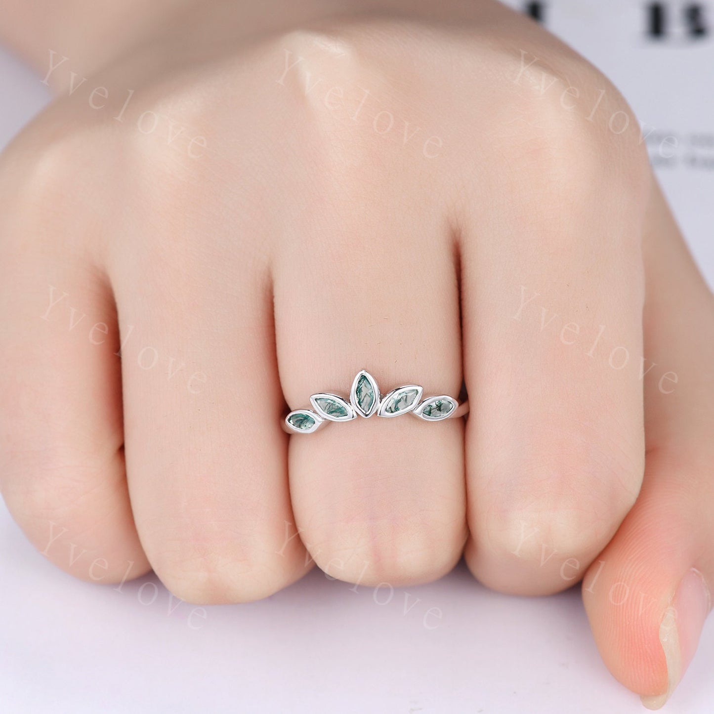 Minimalist Moss Agate Curved Wedding Band Art Deco Green Agate Engagement Ring Marquise Green Gems Stacking Ring Women Sterling Silver Ring