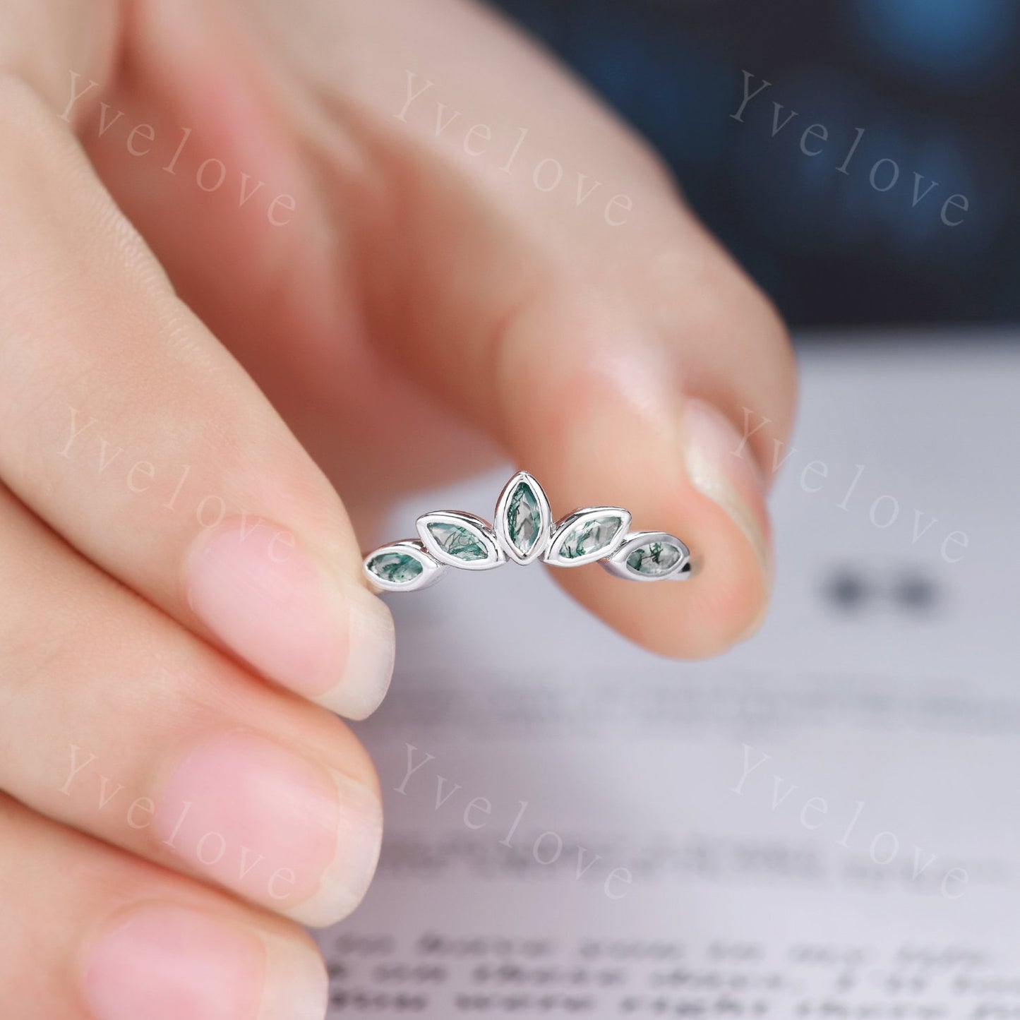 Minimalist Moss Agate Curved Wedding Band Art Deco Green Agate Engagement Ring Marquise Green Gems Stacking Ring Women Sterling Silver Ring
