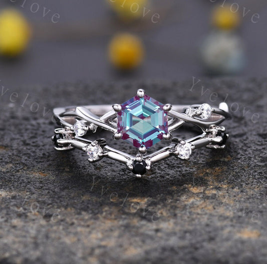 Unique Hexagon shape Alexandrite Engagement Ring Set,Vintage Branch Twig Diamond Ring,White Gold Ring,Vine Ring,Women Promise Bridal Custom