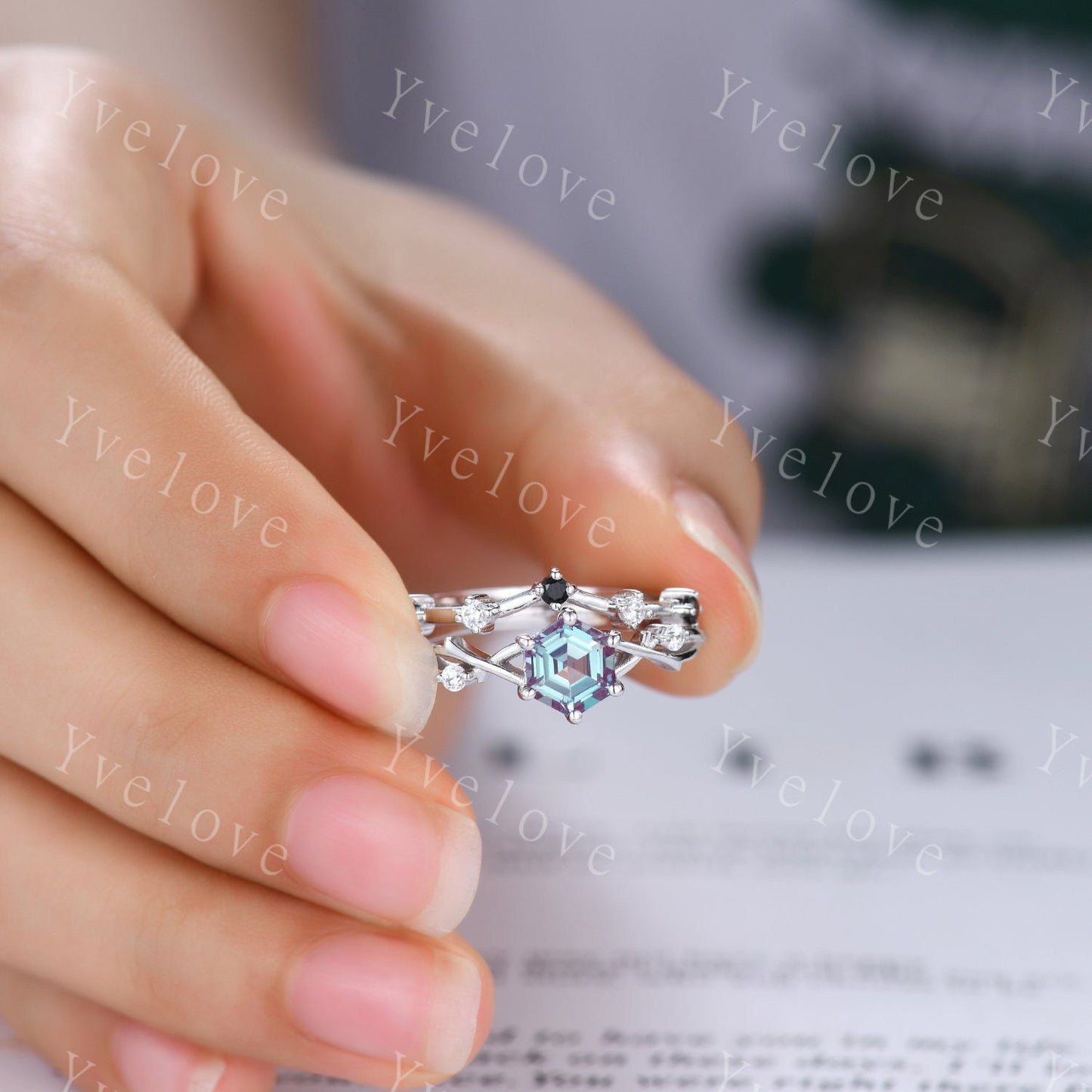 Unique Hexagon shape Alexandrite Engagement Ring Set,Vintage Branch Twig Diamond Ring,White Gold Ring,Vine Ring,Women Promise Bridal Custom