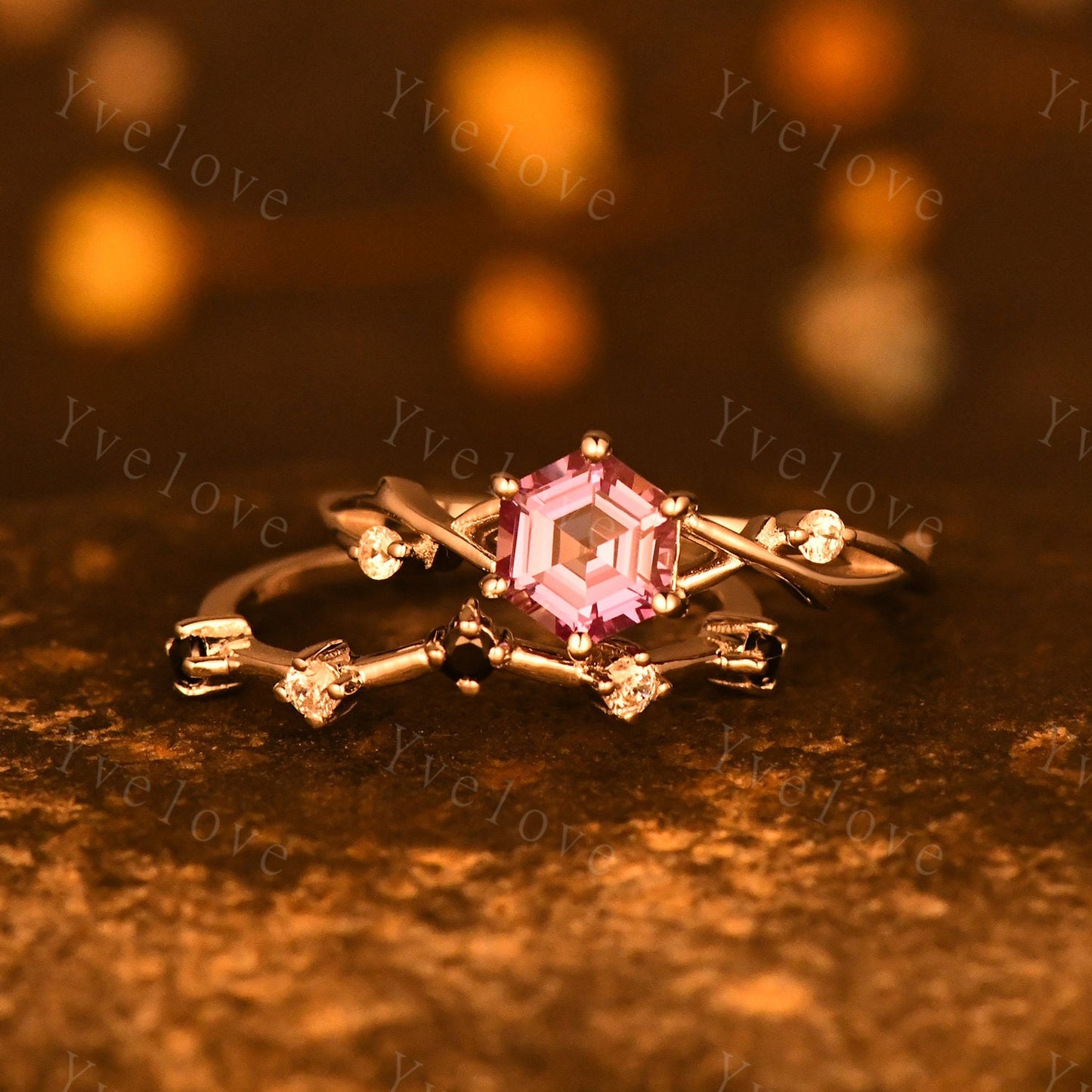 Unique Hexagon shape Alexandrite Engagement Ring Set,Vintage Branch Twig Diamond Ring,White Gold Ring,Vine Ring,Women Promise Bridal Custom