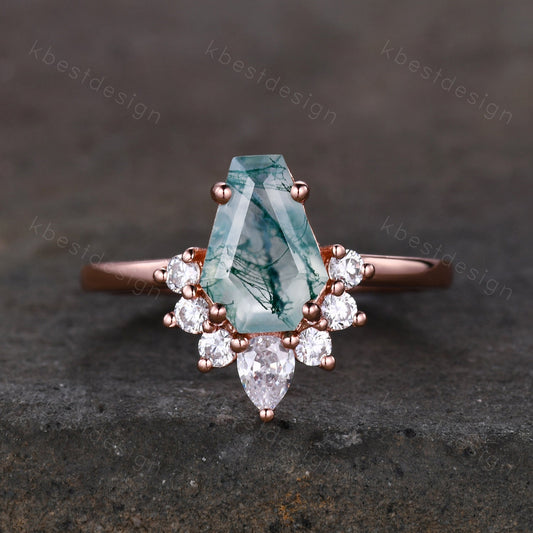 Vintage Moss Agate engagement ring Rose gold Coffin shaped Ring Unique pear moissanite ring Art deco prong set anniversary ring Women Gift