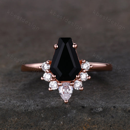 Black Onyx Engagement Ring Rose Gold Pear Moissanite ring Vintage coffin shaped ring Solitaire engagement ring Promise anniversary ring