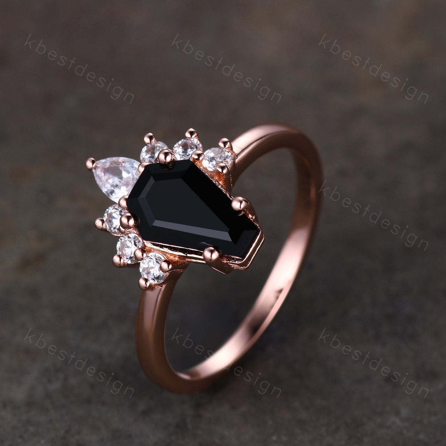 Black Onyx Engagement Ring Rose Gold Pear Moissanite ring Vintage coffin shaped ring Solitaire engagement ring Promise anniversary ring