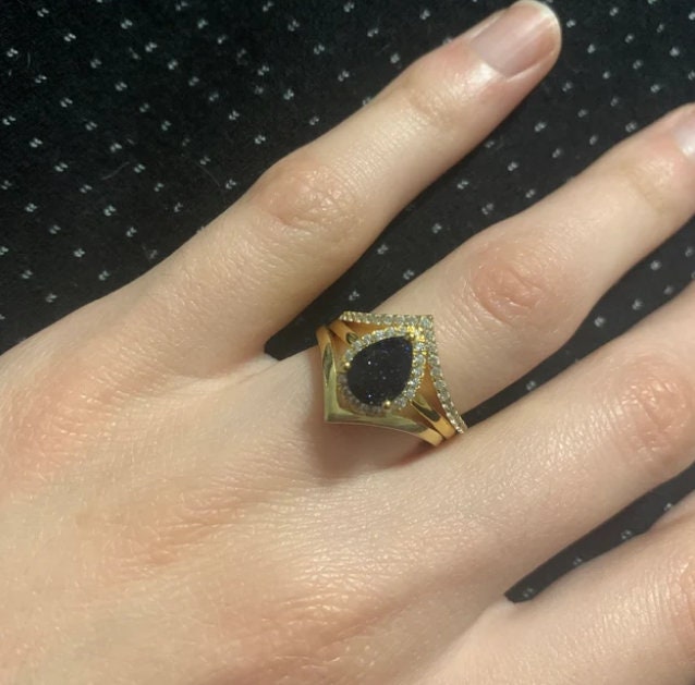 Vintage Blue sandstone engagement ring,Teardrop Diamond Solitaire Ring,14k rose gold,diamond matching band,Plain Band,Christmas Gift,Custom