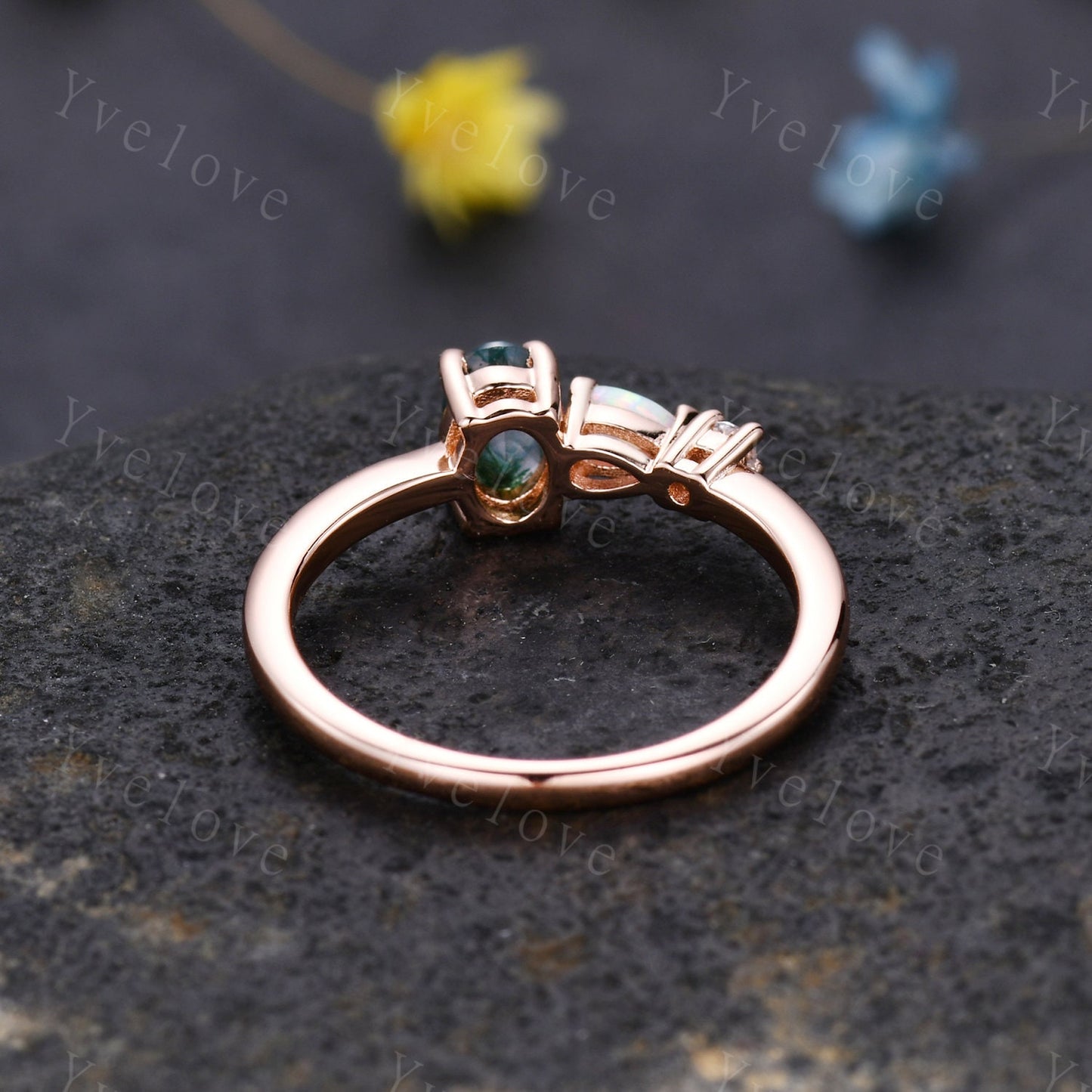 Unique Moss Agate Opal Engagement Ring,Oval Cut Gems,Art Deco Moissanite Wedding Band,3 Stone Unique Women Bridal Promise Ring,Customized