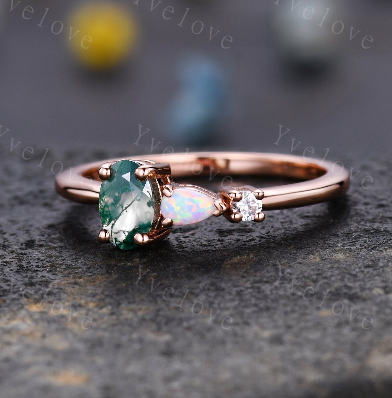 Unique Moss Agate Opal Engagement Ring,Oval Cut Gems,Art Deco Moissanite Wedding Band,3 Stone Unique Women Bridal Promise Ring,Customized