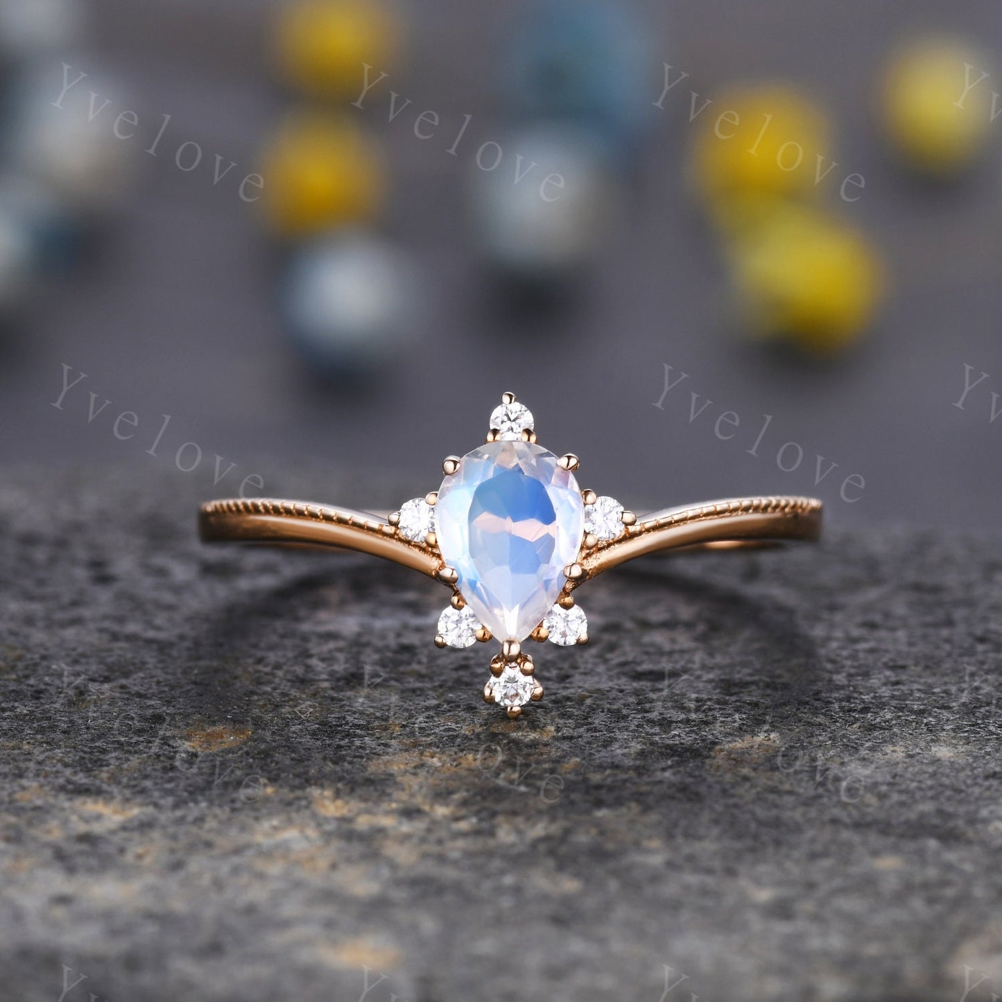 Pear Moonstone engagement ring rose gold ring for women Milgrain ring teardrop moonstone ring art deco unique promise Ring Gift for her