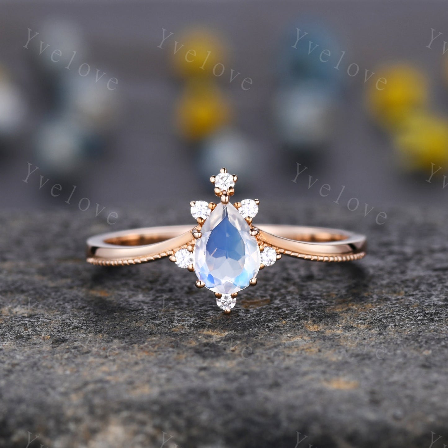 Pear Moonstone engagement ring rose gold ring for women Milgrain ring teardrop moonstone ring art deco unique promise Ring Gift for her