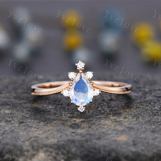 Pear Moonstone engagement ring rose gold ring for women Milgrain ring teardrop moonstone ring art deco unique promise Ring Gift for her