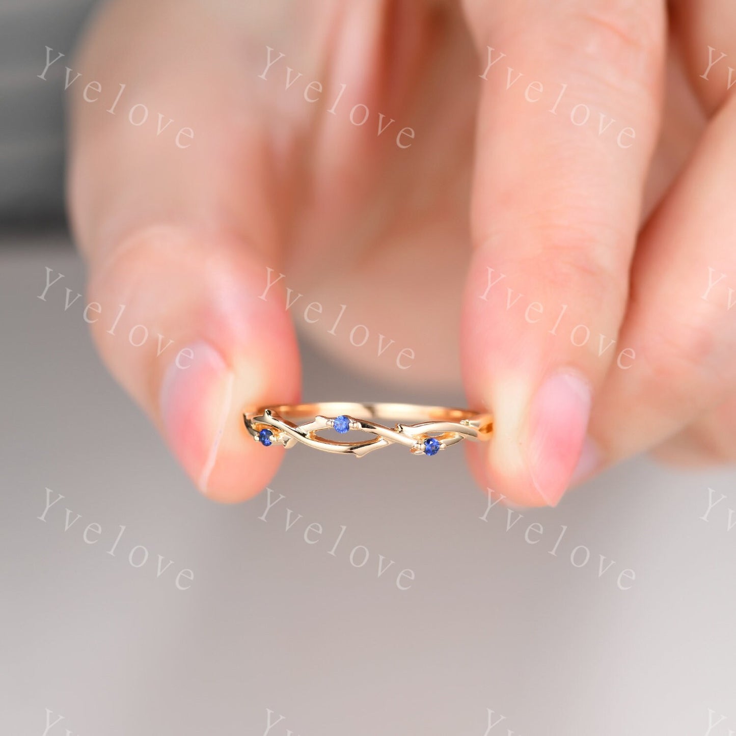 Dainty Sapphire Twig Engagement Ring,Twig Matching Band,Leaf Band With Sapphire,Twig Branch Wedding Band,14k Gold,Twisted Vine Stacking Band