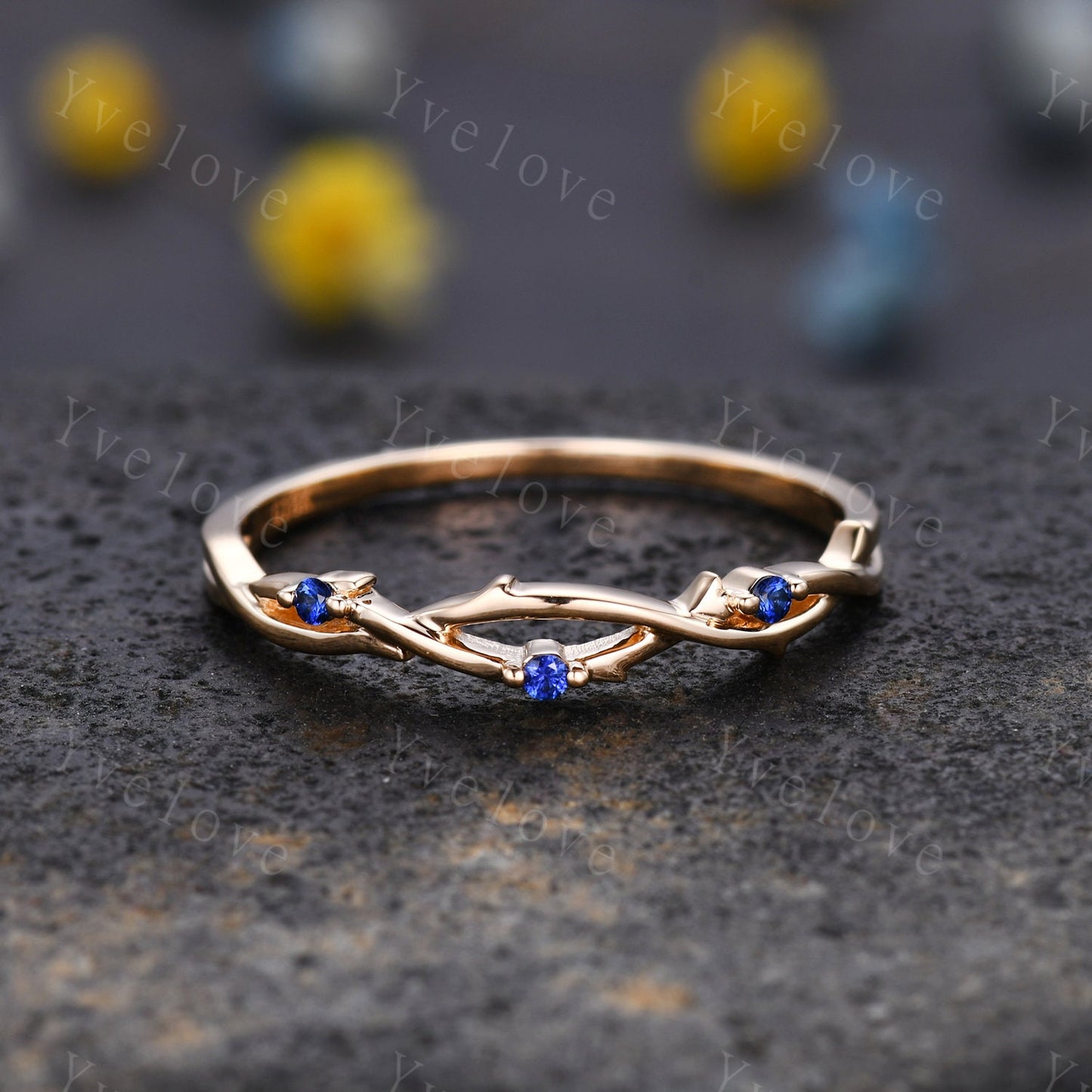 Dainty Sapphire Twig Engagement Ring,Twig Matching Band,Leaf Band With Sapphire,Twig Branch Wedding Band,14k Gold,Twisted Vine Stacking Band