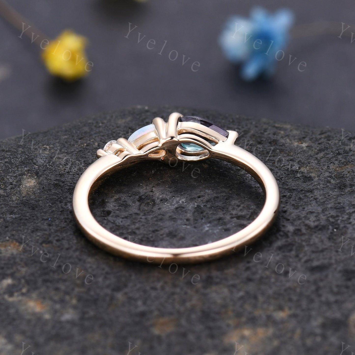 Vintage Alexandrite Opal Engagement Ring,Pear Cut Gems,Art Deco Moissanite Wedding Band,3 Stone Unique Women Bridal Promise Ring,Solid Gold