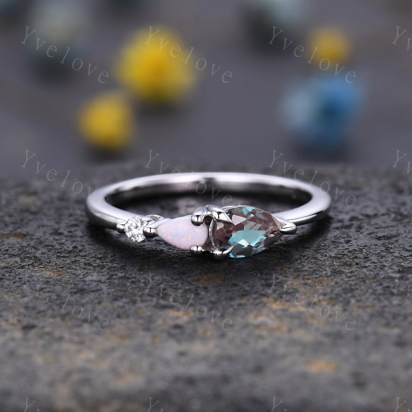 Vintage Alexandrite Opal Engagement Ring,Pear Cut Gems,Art Deco Moissanite Wedding Band,3 Stone Unique Women Bridal Promise Ring,Solid Gold