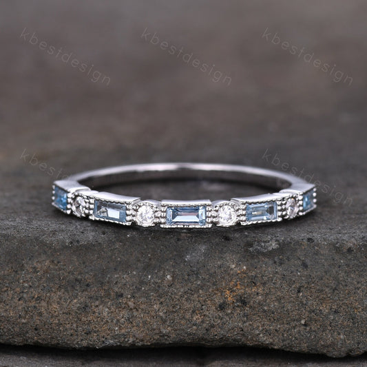Blue Topaz Wedding Band, Half Eternity Baguette Band, White Gold Band, Art Deco Stacking Band, Anniversary Gift, December Birthstone Ring