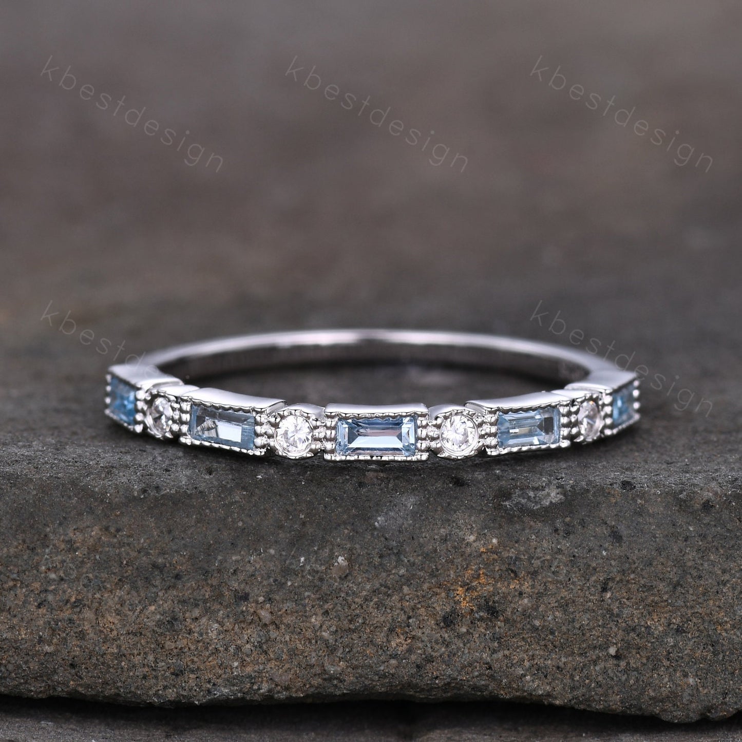 Blue Topaz Wedding Band, Half Eternity Baguette Band, White Gold Band, Art Deco Stacking Band, Anniversary Gift, December Birthstone Ring
