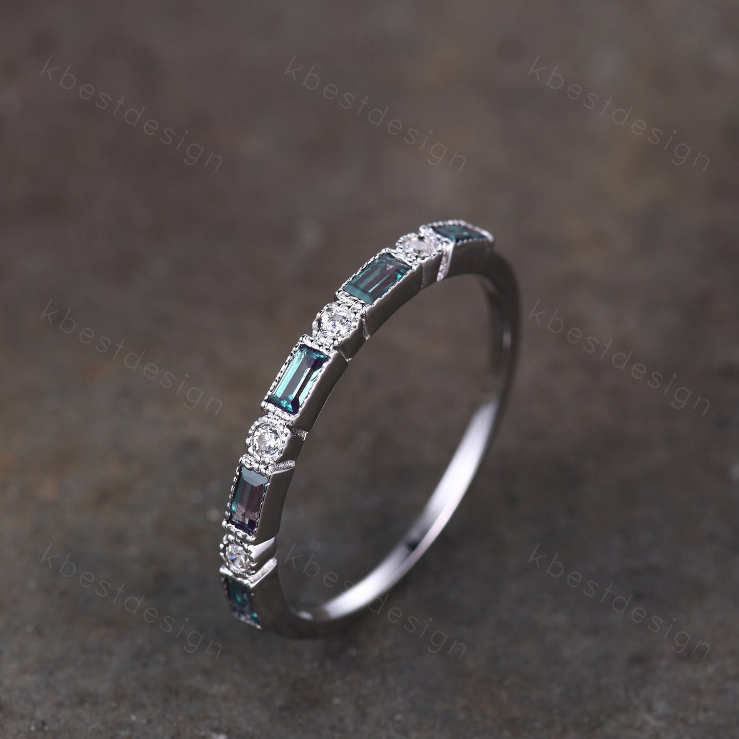 Alexandrite Ring Half Eternity Wedding Band White Gold Art Deco Baguette Stacking Band Anniversary Ring June Birthstone Ring Women Gift